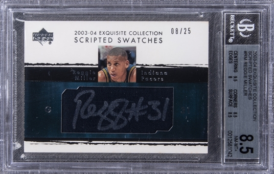 2003-04 UD "Exquisite Collection" Scripted Swatches #RM Reggie Miller Signed Game Used Patch Card (#08/25) – BGS NM-MT+ 8.5/BGS 10